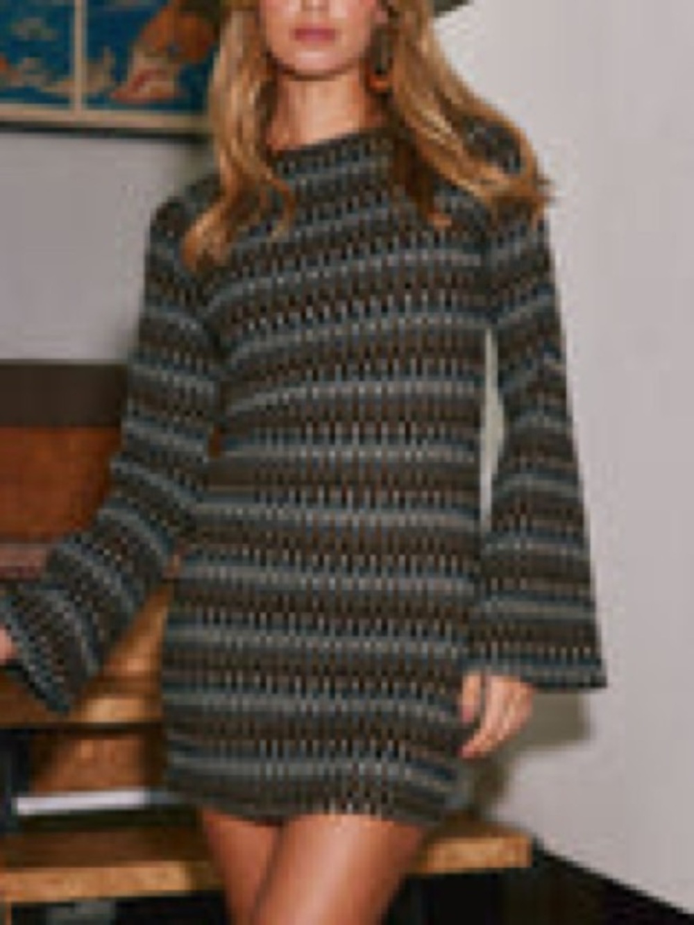 12th Tribe Striped Knit Bell-Sleeve Dress in Black and Gray